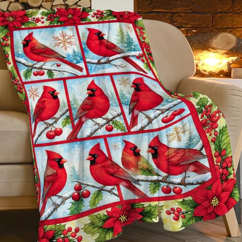Christmas Cardinal Blanket Gifts for Girls Boys Red Bird Throw Blankets Soft Warm Fuzzy Cozy Fleece Flannel Plush Stuff for Kids Men Women Bed Couch Decor 50"x40" - color: Christmas Birds and Flowers, size: 50"x40" for Kids