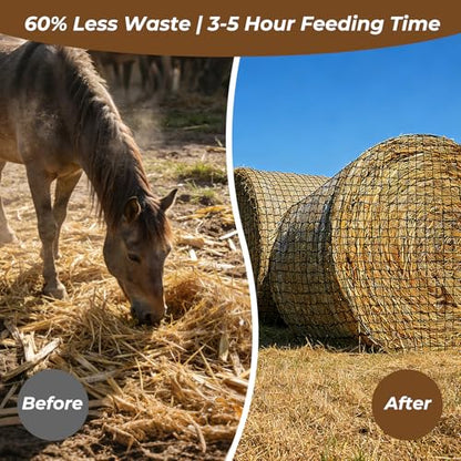 Round Bale Hay Net, 4x4 FT Heavy Duty Hay Net Slow Feeder for Horses Cattle Goats Sheep, Round Bale Polyester Pasture Stable 1.7" Hloes Design Hay Saver Durable