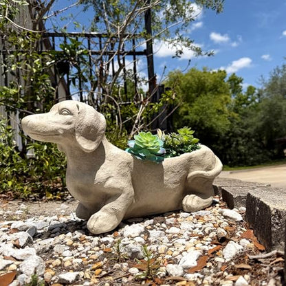 Zeckos Dachshund Dog Planter, 20 Inch Distressed Grey Stone Finish | Doxie Silhouette with Planting Well, For Living Rooms, Patios, Lawns, Gardens - color: Dachshund - Grey