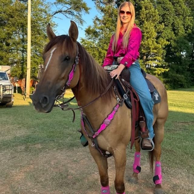 Western One Ear Leather Headstall and Breast Collar Tack Set with Rhinestones, Pink Silver Metallic Acid Wash Cowhide Look, Full Average Size Horse