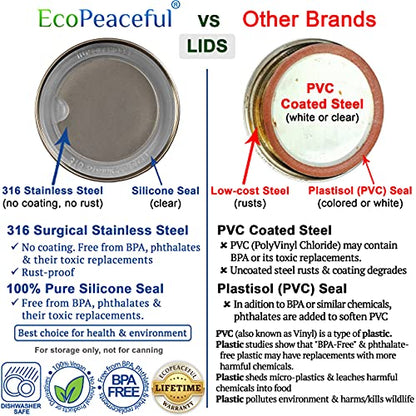 316 Surgical Stainless Steel Mason Jar Lids REGULAR Mouth,ORIGINAL DESIGN,Stackable w/ Pull-Tab Silicone Seal. Rust-proof, Airtight, Leak-proof, Vegan, BPA-Free, Reusable,Not for Canning - size: 12 Regular Mouth Lids