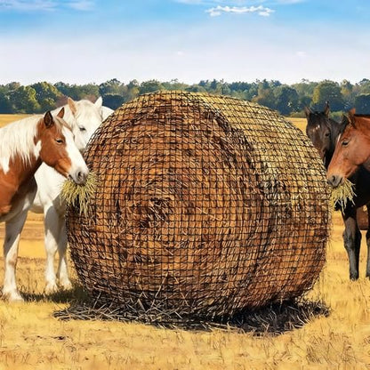 GarveeTech Round Bale Hay Net 5x5 ft, 2 Inch Hole Slow Feed Hay Net, Knotless Heavy Duty Nylon Feeder for Horses Goats Livestock