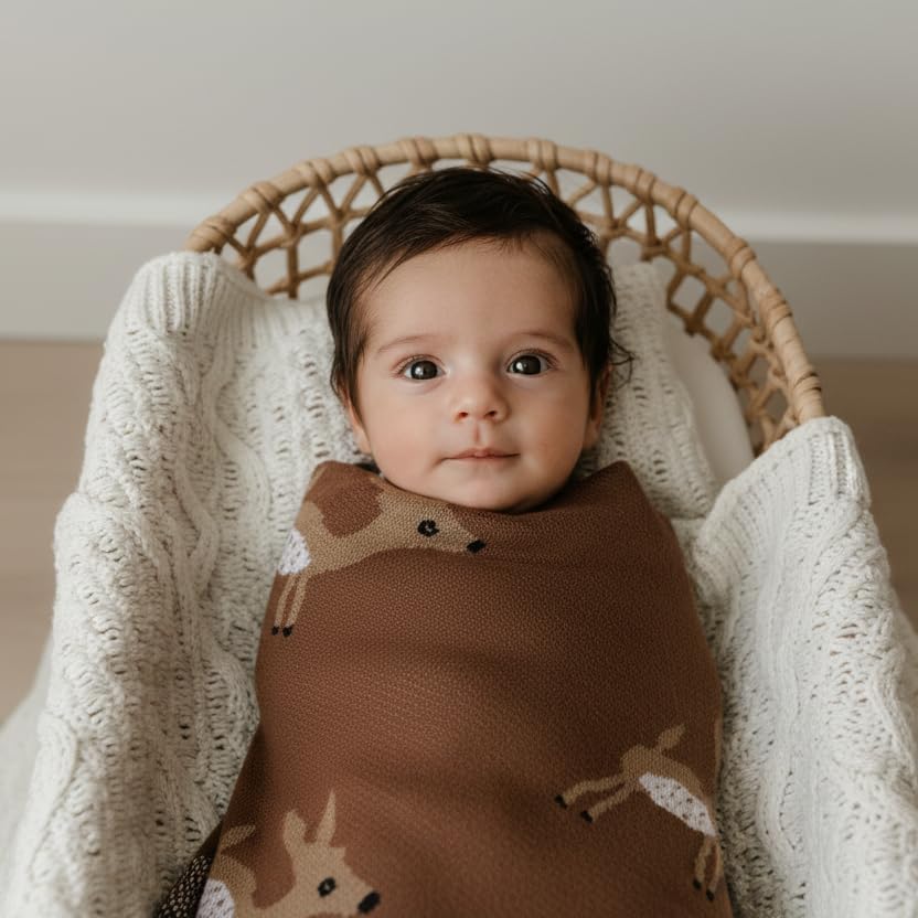Knit Baby Swaddling Blanket - 100% Cotton Lightweight Soft Cozy Receiving Swaddle Stroller Quilt Blanket for Shower Gift Registry for Newborns, Infants, Toddlers (Deer - Mocha) - color: 11 - Deer - Mocha