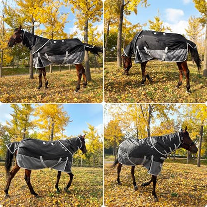 1200D Turnout Horse Blanket with Hood, Medium Weight, Black/Gray, 72 in - color: Black/Gray With Band, size: 72 IN
