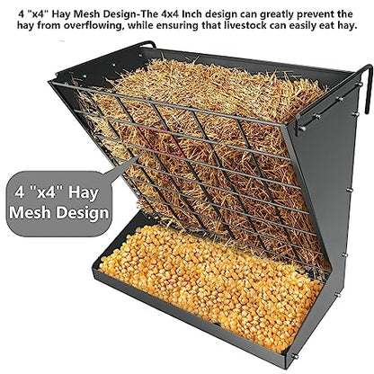 Wall Mount Hay Rack, Heavy-Duty Galvanized Metal 2 in 1 Hay and Grain Feeder, Livestock Feeder with Adjustable Distance, Hay Feeder for Goats, Sheep, Horse - color: Black