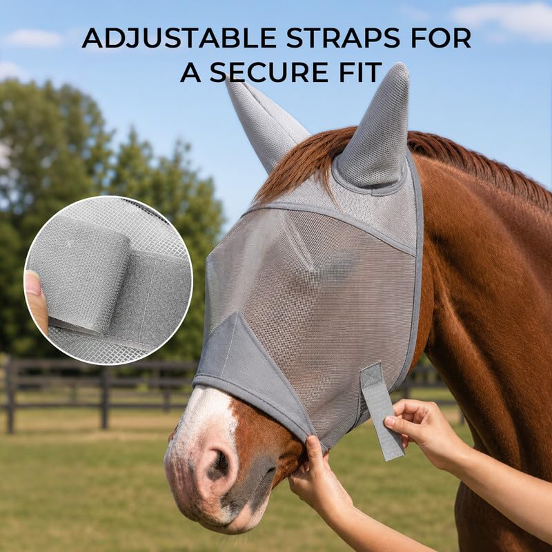 Raelitego Horse Fly Mask with Ears, Breathable Mesh UV Protection (S) - size: S