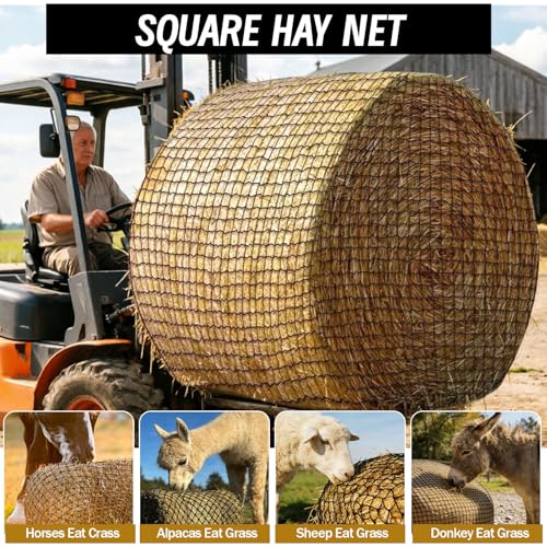 Heavy Duty Slow Feed Hay Net for Horses, 5x5x5 Ft Round Bale Hay Feeder Net - size: 5x5 Ft
