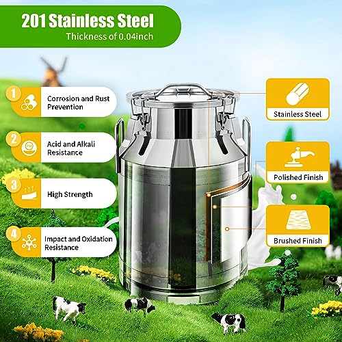 DYNAMI 8Gal Stainless Steel Milk Can with Airtight Lid and Handles,Anti-Leak Liquid Storage Barrel,Food Grade Container for Milk, Liquid,Solid Storage and Transport,Large Opening for Easy Cleaning - size: 8Gal