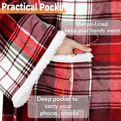 Catalonia Sherpa Wearable Blanket with Sleeves and Pocket for Adults - color: Red Plaid, size: Standard Pocket