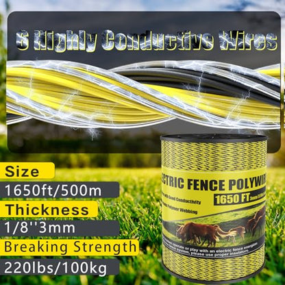 NQN Upgrade Electric Fence Polywire 1650FT,500 Meters, 6 Stainless Steel Strands for Reliable Conductivity, Portable Electric Fencing, UV Resistant, Rust Resistant, Highly Conductive, Easy to Install - size: 1650 Feet