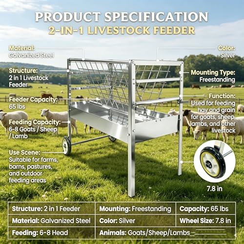 Galvanized Steel Feeder, 2 in 1 Livestock Feeder for Goats Sheep Lambs, Mobile Livestock Feeder with Wheels for Outdoor Farm Use