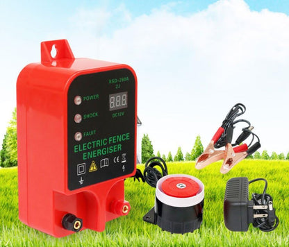 10KM Electric Fence Charger, Portable Electric Fence Energizer, 2J Waterproof Fence Charger for Livestock Cattle Horse, AC/Battery Powered, Alarm Function