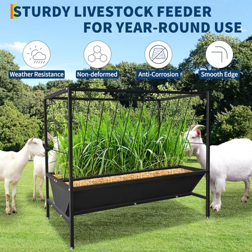 Hay Feeder for Goats, 2 in 1 Goat Feeder Trough 45 Gallon Hay Rack & 24 Gallon Grain, Heavy Duty Galvanized Steel Livestock Feeder for Horse Sheep Cattle Goat, Black