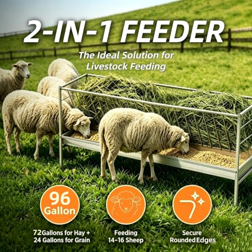 Pasture Hay Feeder 96 Gallon for Farms, 2-in-1 Hay Rack with Grain Trough, Stainless Steel Feeder, 65" Long Hay and Grain Feeder, for Goats, Sheep & Horses, for Barns, Pastures & Farm Use.