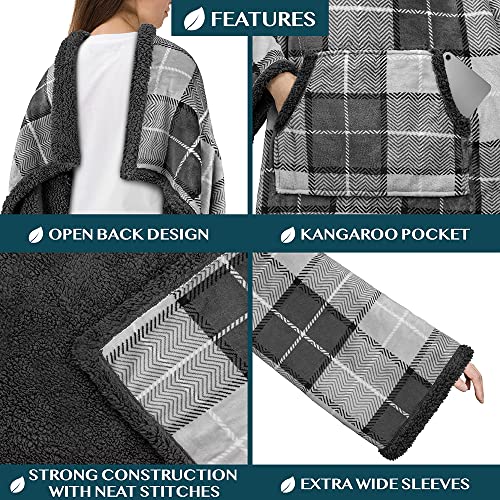 PAVILIA Sherpa Wearable Blanket with Sleeves and Pocket, Plush Thick Cozy Body Blanket Wrap for Adult Women Men, Christmas Gift for Wife Mom, Plaid Grey - color: Plaid Charcoal
