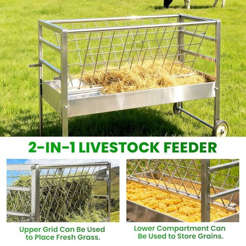 2 in 1 Hay and Grain Feeder on Wheels, Hay Rack with Grain Bin, Galvanized Steel Small Livestock Feeder, Clean Setup for Goats Sheep, Easy Rolling