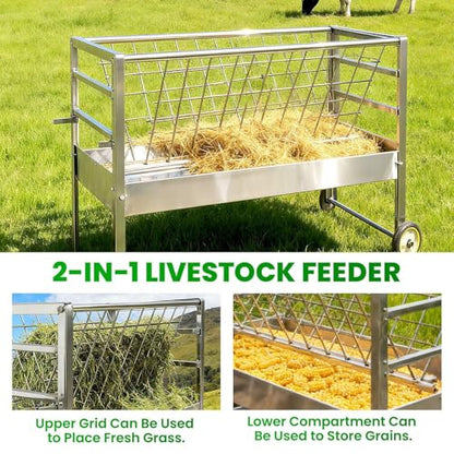 2 in 1 Hay and Grain Feeder on Wheels, Hay Rack with Grain Bin, Galvanized Steel Small Livestock Feeder, Clean Setup for Goats Sheep, Easy Rolling