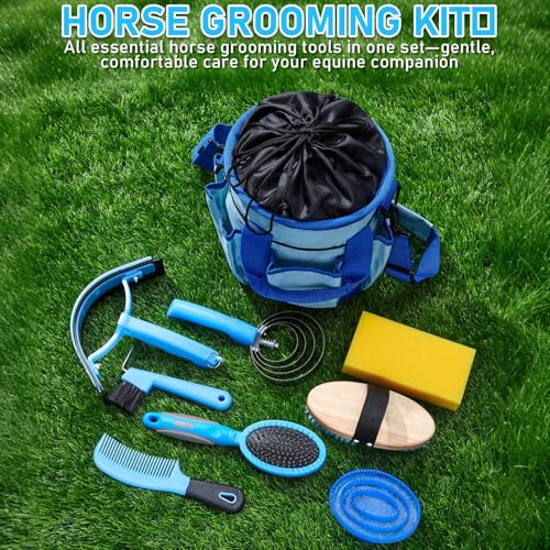Cunhill 9 Pcs Horse Grooming Kit Tack Room Supplies, Classic, Light Blue - color: Light Blue, style: Classic