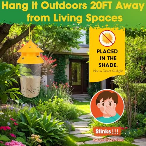 Outdoor Fly Trap, 2 Pack Reusable Hanging Fly Traps with 12 Bait Refills | Includes 12 Non-Toxic Dissolvable Bait Refills for Catching House, Barn, Filth Flies Around Patios, Yards, Farms, Ranches