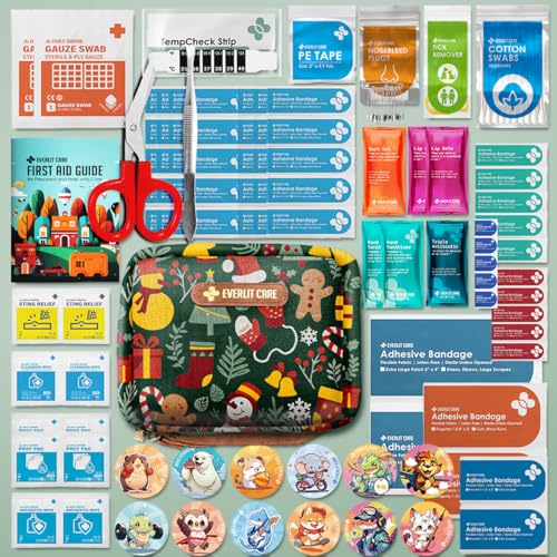 EVERLIT Care Rescue Pack | Family-Friendly First Aid Kit for Kids with 200 Pcs Medical Supplies | Travel-Friendly Compact Storage Bag for Home, Car, Travel, Camping, Adventure (Christmas) - color: Christmas
