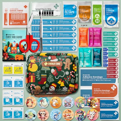 EVERLIT Care Rescue Pack | Family-Friendly First Aid Kit for Kids with 200 Pcs Medical Supplies | Travel-Friendly Compact Storage Bag for Home, Car, Travel, Camping, Adventure (Christmas) - color: Christmas