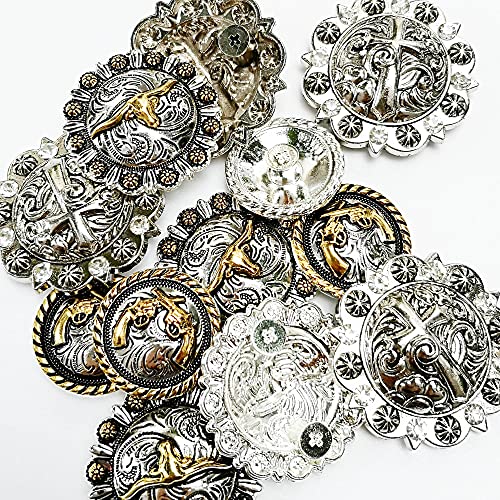 Horse TACK Antique Engraved Berry Conchos Screw Back Cross Badges Longhorn Steer Leather Craft Bukle 12pcs Mixed