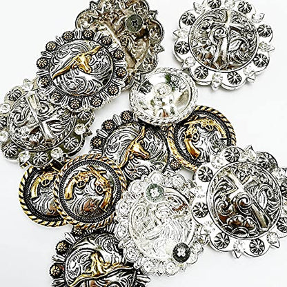 Horse TACK Antique Engraved Berry Conchos Screw Back Cross Badges Longhorn Steer Leather Craft Bukle 12pcs Mixed