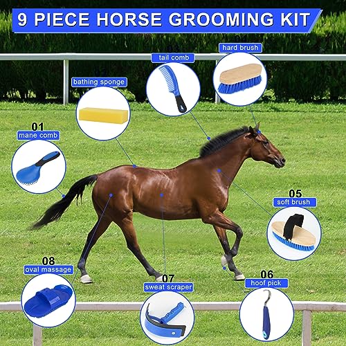 Horse Grooming Kit, 9-Piece Horse Brush Set with Tote Bag, Blue - color: Blue