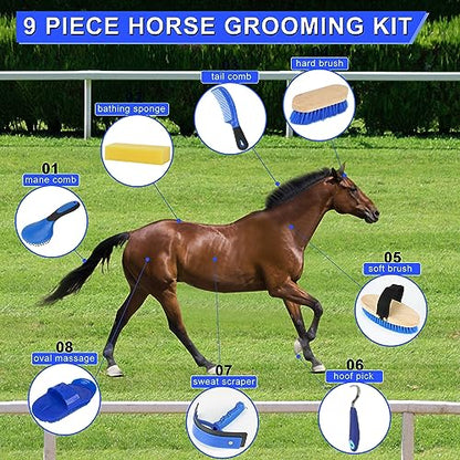 Horse Grooming Kit, 9-Piece Horse Brush Set with Tote Bag, Blue - color: Blue
