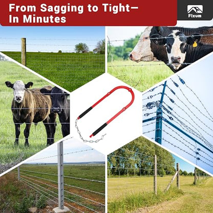Fence Wire Fixer, Heavy-Duty Fence Stretcher Repair Tool, 15.4" Max Opening, Wire Tightener, Wire Tensioner as Fencing Tools for Barbed/Plain/Electric Wire in Farm, Ranch or Garden (Red)