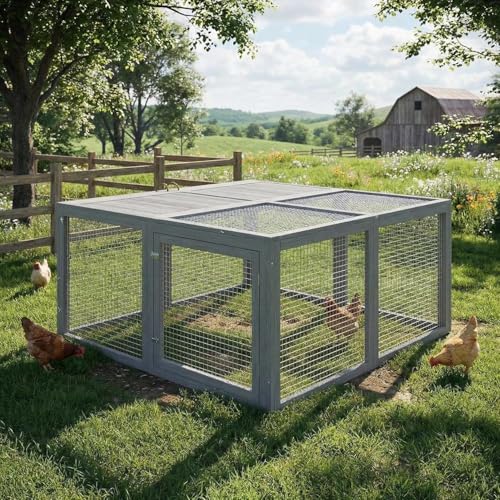 Folding Chicken Coop Run Rabbit Hutch, Portable Wooden Chicken Cage Pens, Small Animal Playpen with Top & Side Opening Doors, No Assembly for Indoor/Outdoor Small Animals & Poultry, Gray