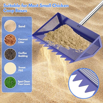 Chicken Poop Scooper Rake 2-in-1,304 Stainless Steel Shovel Head, Chicken Litter Scoop with Handle for Chicken Coop for Sand, Pet Waste Cleaning, Litter Sifting Shovel (35 to 65") (Blue, 10inch) - color: Blue