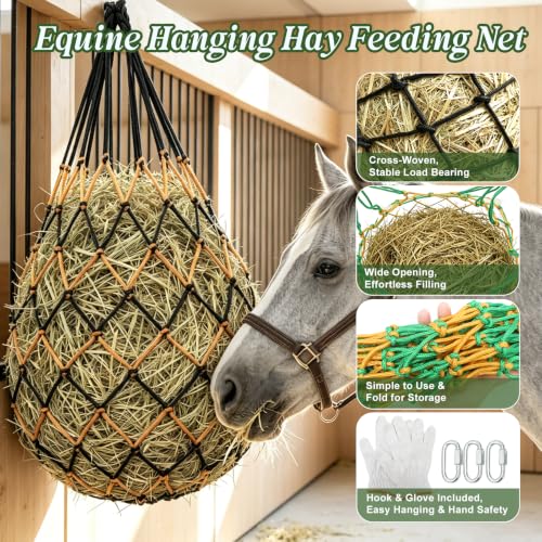 3 Pack Slow Feed Hay Nets for Horses, 25.6×23.6in Hanging Horse Hay Feeder Bags, 2.36×2.36in Mesh Polypropylene Hay Nets with Hooks & Gloves for Goat Sheep Livestock Stable Trailer Pasture