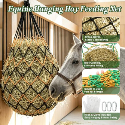 3 Pack Slow Feed Hay Nets for Horses, 25.6×23.6in Hanging Horse Hay Feeder Bags, 2.36×2.36in Mesh Polypropylene Hay Nets with Hooks & Gloves for Goat Sheep Livestock Stable Trailer Pasture