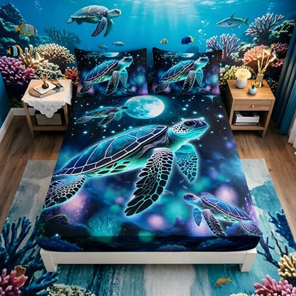 Sea Turtle Kids Bedding Twin Size,1 Fitted Sheet+2 Pillowcases. - color: Blue-a, size: Twin