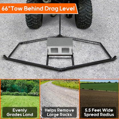 Driveway Drag 66" Width, 35" Length, 4" Height, Tow Behind Drag Harrow, Garden Lawn Tractor Attachable, Steel Head, Garden Rake