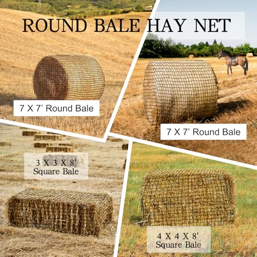7 * 7FT Round Bale Hay Net, Heavy Duty Hay Nets for Horses Slow Feed Round or Square Bale Haynet