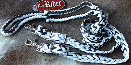 CHALLENGER Roping Knotted Horse Tack Western Barrel Reins Rein Nylon Braided 8 Ft. Black WH 60703 - color: Black White