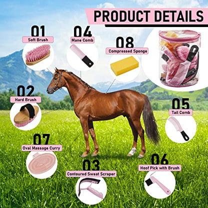 Cunhill 9 Pcs Horse Grooming Kit Tack Room Supplies, Cute, Pink - color: Pink, style: Cute