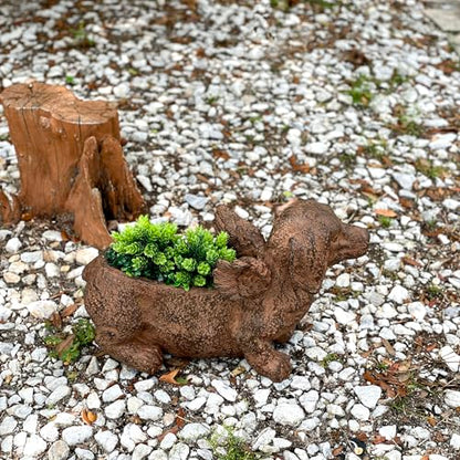 Animal Planter, 18 Inch Flying Dachshund with Distressed Brown Finish | Magnesium Oxide, Drain Hole, 9 by 2.5 Inch Planting Opening, Indoor or Outdoor Use - color: Winged Dachshund - Brown