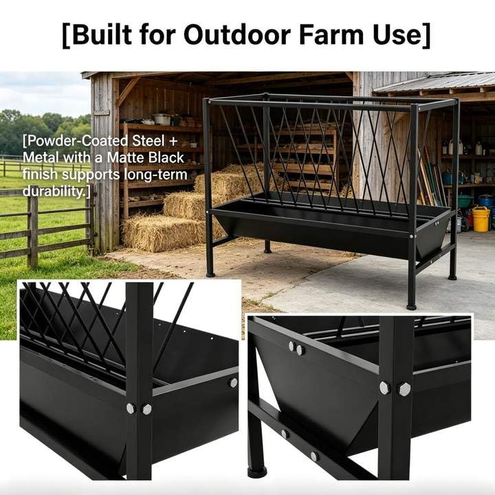 Multi-Purpose Hay Feeder, 45 Gallon Hay Storage with 25 Gallon Grain Feed Water Trough, Heavy Duty Metal Livestock Rack for Goat, Sheep, Horse, Cow, Pig, Indoor Outdoor Use