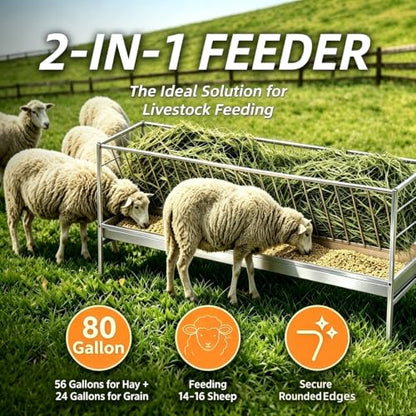 Livestock Hay Feeder, 96 Gallon 2-in-1 Hay Rack and Grain Trough, Stainless Steel Livestock Feeder, 65" Long Trough, Holds 72 Gal Hay + 24 Gal Grain, for Sheep Goats & Horses for Barns Pastures Farms.