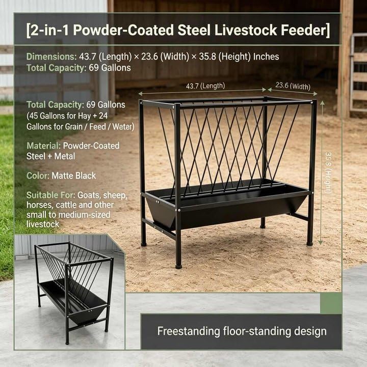Multi-Purpose Hay Feeder, 45 Gallon Hay Storage with 25 Gallon Grain Feed Water Trough, Heavy Duty Metal Livestock Rack for Goat, Sheep, Horse, Cow, Pig, Indoor Outdoor Use