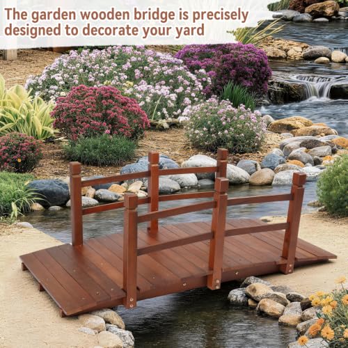 Outvita 5 ft Garden Wooden Bridge Arch Natural Finish with Safety Rails Outdoor Footbridge for Backyard Creek Farm, Decorative Pond Bridge - size: 5ft-dark brown