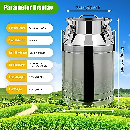 30L/7.9 Gallon Seamless 201 Stainless Steel Milk Can with Lid - size: 30L
