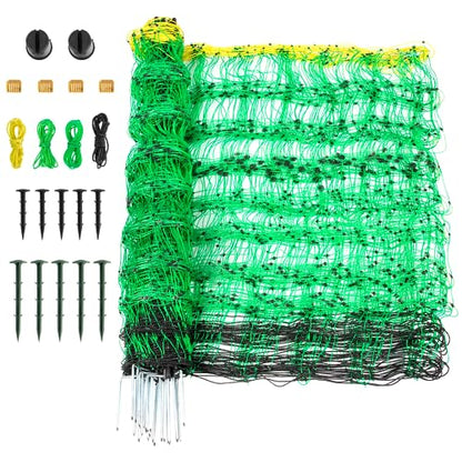 Electric Fence Netting, 49.6" H x 164' L, PE Net Fencing Kit with 14 Posts Double Spiked, Utility Portable Mesh for Sheep Hogs Goats Deer Dogs Lambs Used in Backyards Patio Farms Ranches, Green