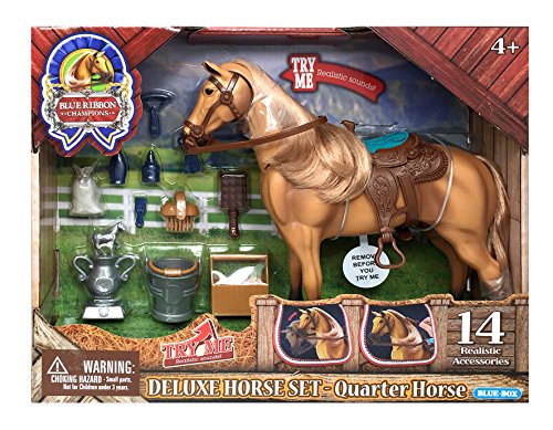Sunny Days Entertainment | Quarter Horse with Moveable Head, Realistic Sound and 14 Grooming Accessories | Blue Ribbon Champions Deluxe Toy Horses
