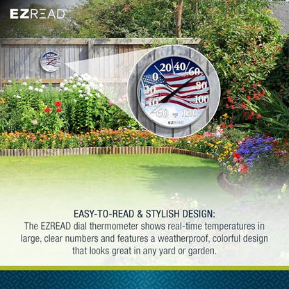 EZREAD Hanging Dial Thermometer 840-1221 Weather Thermometers for Indoor and Outdoor Use, Large 12.5 Inch Diameter, Easy to Read Numbers, American Flag - color: Flag