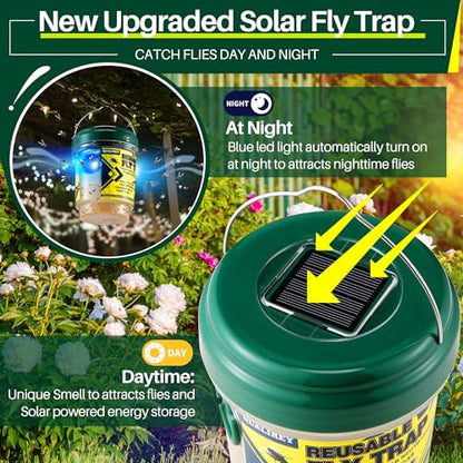 Qualirey 3 Fly Traps Outdoor with 3 Non Toxic Dissolvable Bait Refills, Reusable Insect Catcher Killer for All Filth Flies with Solar LED Light Design, Fruit Flies Traps for Outside Bug Control Yard