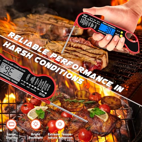 TRAUSI Instant Read Meat Thermometer, Fast & Accurate Digital Food Thermometer with Backlight, Waterproof & Magnet for Grilling, Cooking, BBQ, Smoker, Baking, and Candy Making Red